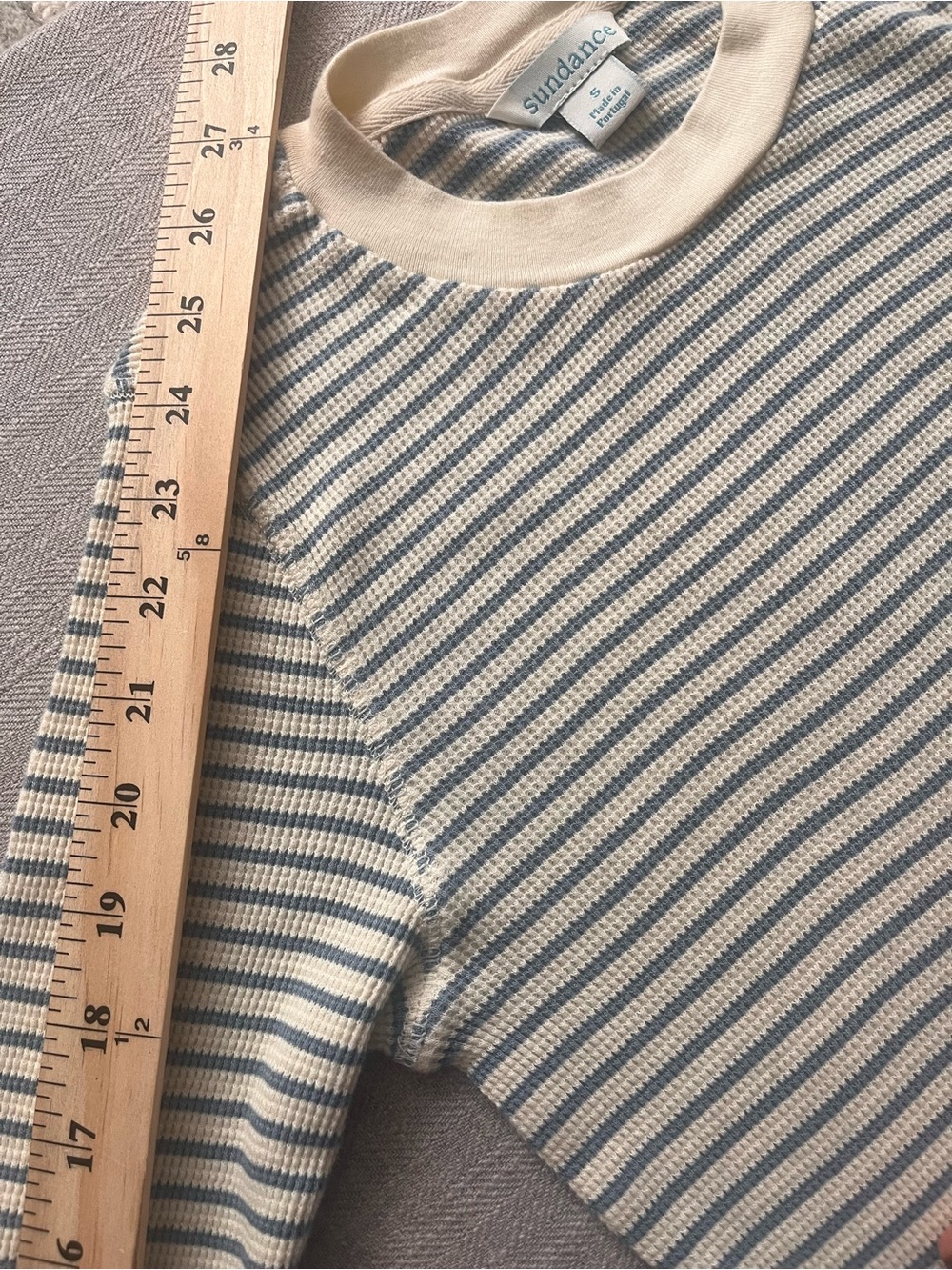 Sundance Striped Long-Sleeve Cotton Waffle Knit Top in Cream and Light Blue - Picture 12 of 13